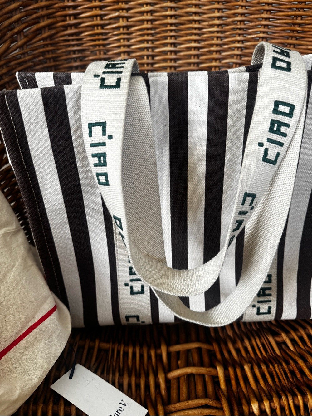 Clare V. Canvas Stripe Tote Bag with 'Ciao' Webbing Straps - Dark Brown & White - Picture 2 of 4